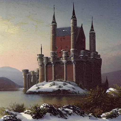 Prompt: big grey castle with drum towers on a snowy hill, forest background, in the stylr of 19th century Hudson River School of Art,