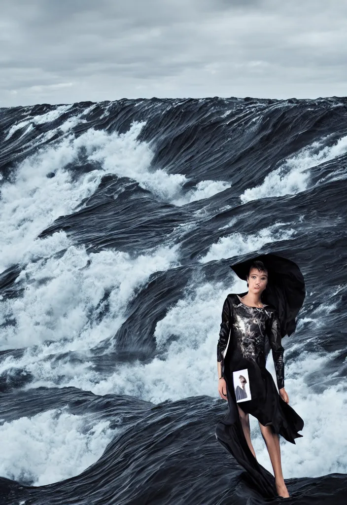 Image similar to fashion editorial in front of a giant tsunami wave. wide angle shot. highly detailed.