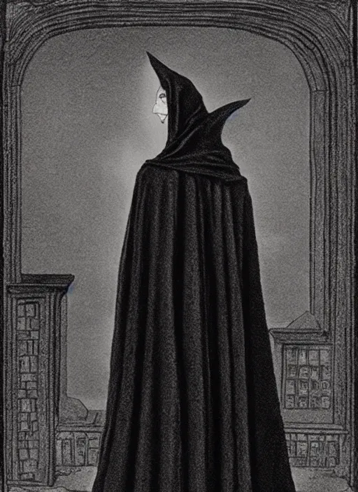 Image similar to fineart illustration of the necromancer, wearing a black cloak, crisp