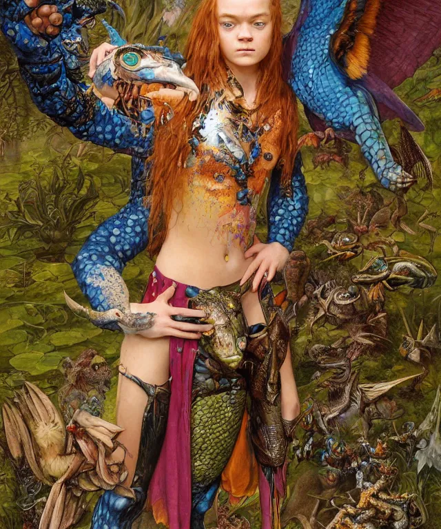 Prompt: a portrait photograph of a meditating fierce sadie sink as a colorful harpy hawk super hero with blue spotted slimy skin with scales. her body is transforming into a amphibian beast. by donato giancola, hans holbein, walton ford, gaston bussiere, peter mohrbacher and brian froud. 8 k, cgsociety, fashion editorial