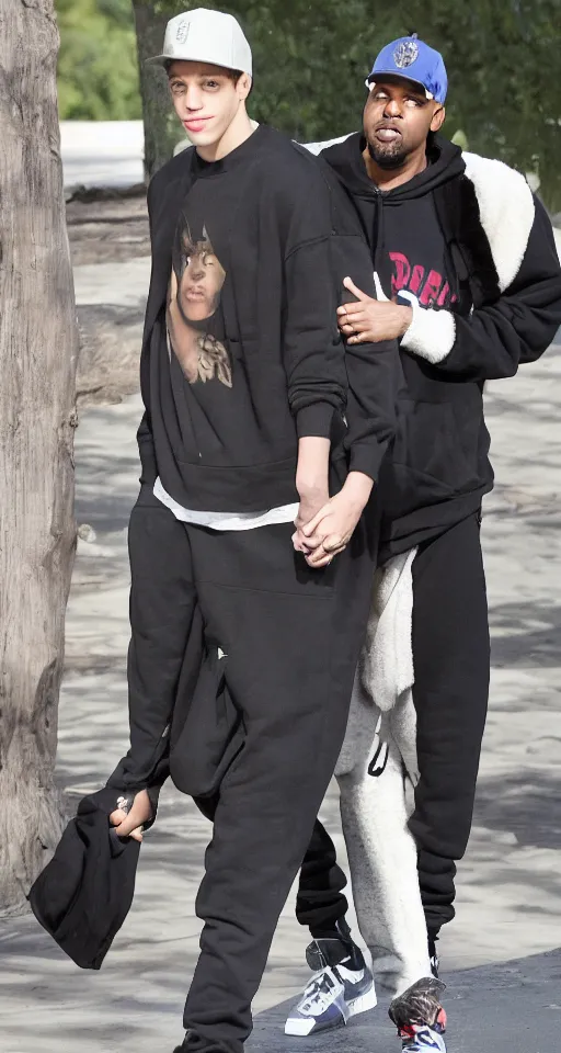 Image similar to pete davidson and kanye west holding hands at a sunset zoo park