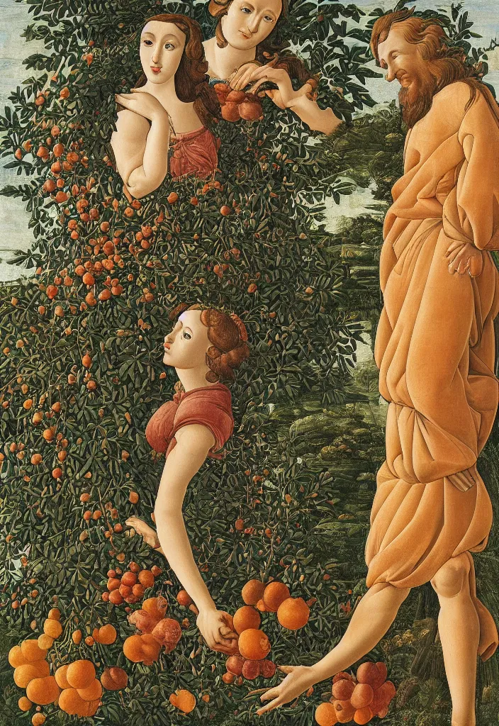 Prompt: men and women, closeup portrait, garden with fruits, ultra detailed, Botticelli style