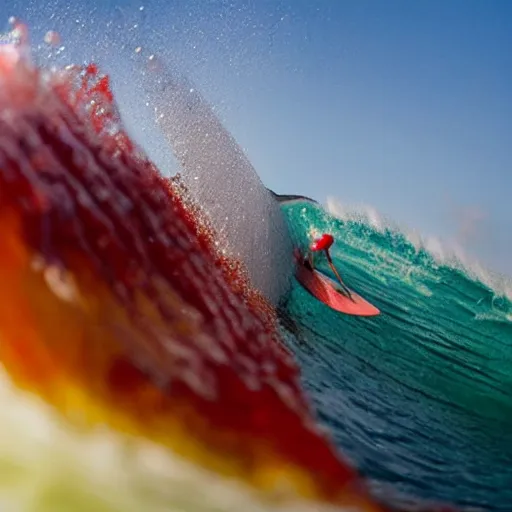 Prompt: a surfer surfing on a large wave of ketchup, through a sea made of ketchup, on a sunny day, 8 k, wide angle photography spoiler