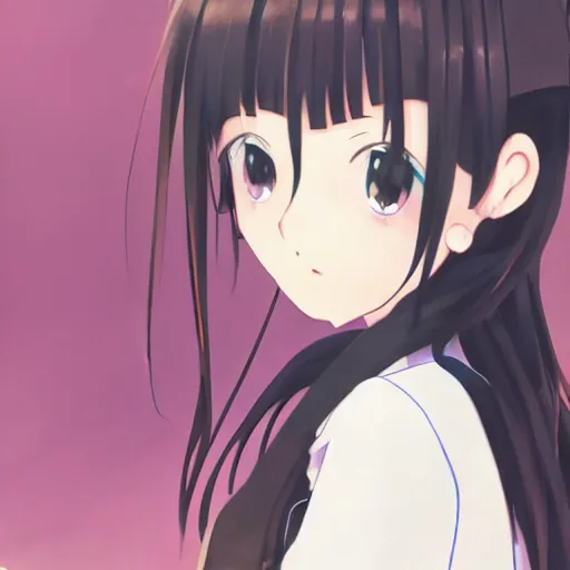 Image similar to a high detail portrait of high school girl by makoto sinkai, kyoto animation, kawaii, full body, in simple background, CLIP STADIO, mad painting