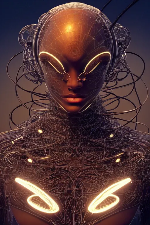 Image similar to a centered render of an alien bio - organic creature adorned with cables and synthesizer parts is surrounded by sacred geometry, full body, gorgeous face, perfect face, powerful, cinematic, beautifully lit, by artgerm, by karol bak, 3 d, trending on artstation, octane render, 8 k