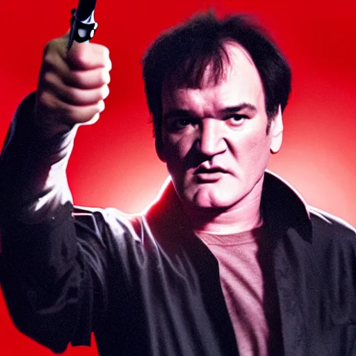 Prompt: quentin tarantino giving his thumbs up with his left hand, raising his right arm with a lightsaber. red background. cinematic trailer format.