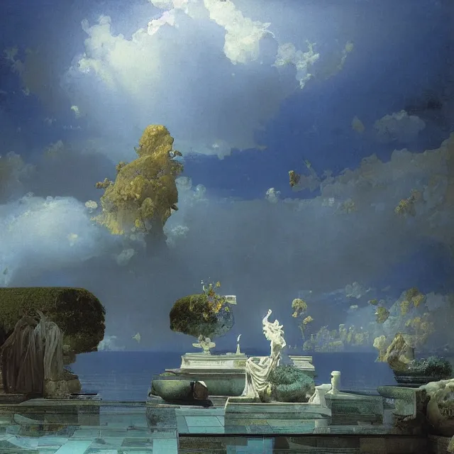 Prompt: gardens of marble draped in flowing sheets of cobalt blue gold silver satin, by ivan aivazovsky and syd mead and moebius and roger dean and balthasar ast and yoshitaka amano and pieter claesz and paul delaroche and alma tadema and aelbert cuyp and willem claesz, hyperrealistic, volumetric light, render