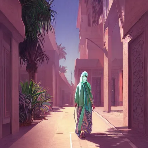 Image similar to cat travels through marrakech streets, morocco, palm trees, mosque, vaporwave, highly detailed, digital painting, artstation, concept art, smooth, sharp focus, illustration, art by artgerm and greg rutkowski and alphonse mucha