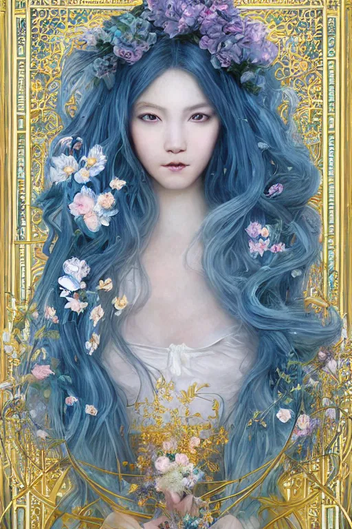 Prompt: breathtaking detailed soft painting of a knight queen with long flowing blue hair, pastel flowers petals and golden ribbons flying, art by pilyeon and yuumei art, symmetrical facial features, at dawn in front of a pristine golden art nouveau cathedral, elegant, volumetric lighting, highly detailed, artstation, concept art, matte, sharp focus,