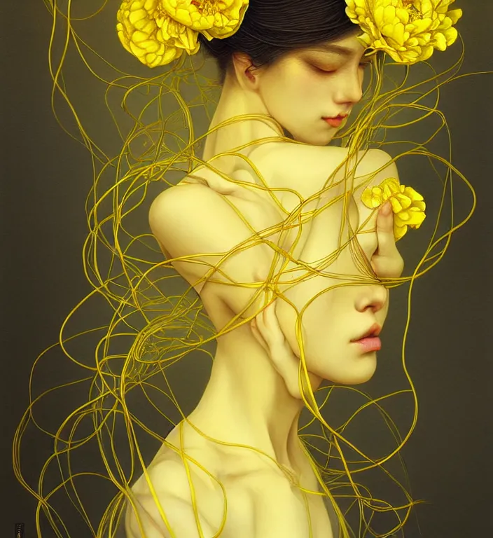 Prompt: beautiful yellow woman, symmetrical portrait, realistic, black peonies, tangled vines, rich details, by wlop and amano yoshitaka