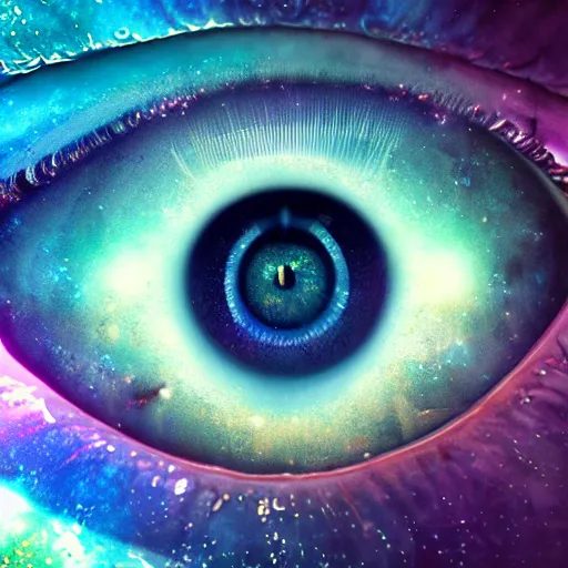 Prompt: galaxy and nebula and space inside of hyper realistic human eye, highly detailed, beautiful, intricate, colour, 4 k hd octane render,