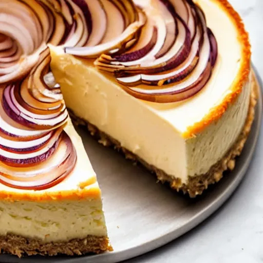 Image similar to close view of a delicious sweet and perfect onion cheesecake piece, onion pieces on top, onion slices on top, award winning, 4 k, beautiful