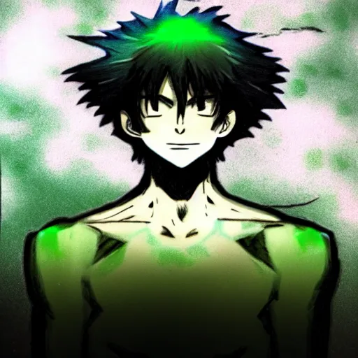 Image similar to A man with a green aura In the style of Togashi