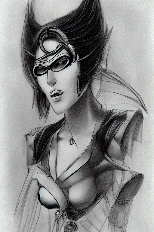 Image similar to Portrait sketch of fully clothed Bayonetta by Da Vinci