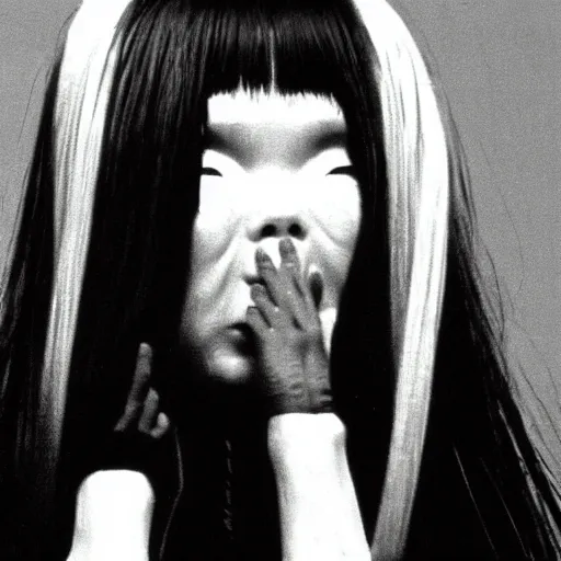 Image similar to Bjork climbs out of your TV screen towards you like Sadako, J-Horror, 90s, 35mm film