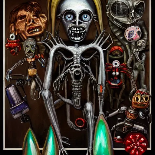 Image similar to beautiful painting of the king of forgotten toys with a creepy smile, surrounded by nightmarish broken toys in the style of Welder Wings and H. R. Giger. Dark background, detailed, trending on Artstation