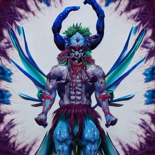 Image similar to 4K headshot of godlike clown with blue skin with defined arms and open hands and bloody clothes with giant mandala wings , white intricate scary clown makeup , flawless anime cel animation by Kentaro Miura, psychedelic , highly detailed upper body , professionally post-processed , beautiful, scary, symmetry accurate features, epic, octane rendered, anime masterpiece, accurate