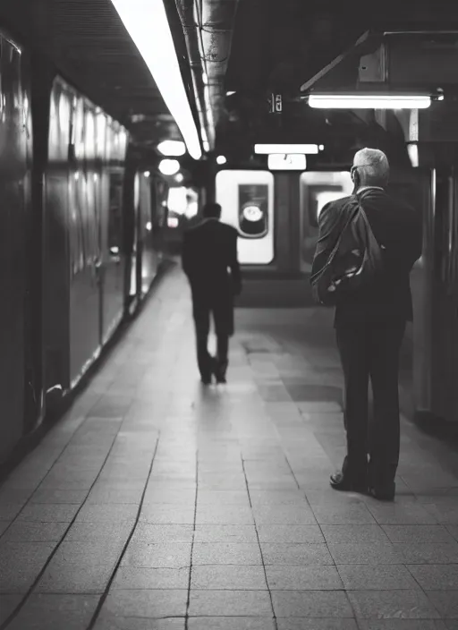 Image similar to a 3 5 mm photo from the back of a businessman standing on a subway platform, splash art, movie still, bokeh, canon 5 0 mm, cinematic lighting, dramatic, film, photography, golden hour, depth of field, award - winning, anamorphic lens flare, 8 k, hyper detailed, 3 5 mm film grain