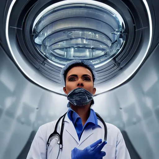 Image similar to ultra realistic and intricate detailed portrait photograph of a futuristic surgeon, standing inside futuristic operating room, full length, doctor, medicine, healthcare, technology, innovation, bright modern style, depth of field, ambient lighting, award winning, magazine cover,