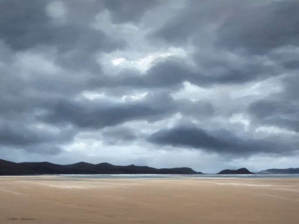 Prompt: beautiful oil painting of dramatic weather over Luskentyre beach, Isle of Harris Scotland