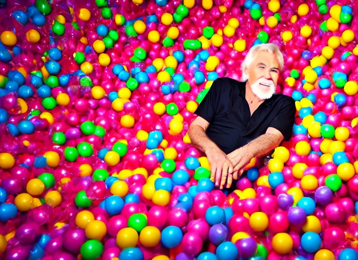 Prompt: photo still of kenny rogers in a ball pit filled with fried chicken!!!!!!!! at age 4 6 years old 4 6 years of age!!!!!!!! hiding from parents, 8 k, 8 5 mm f 1. 8, studio lighting, rim light, right side key light