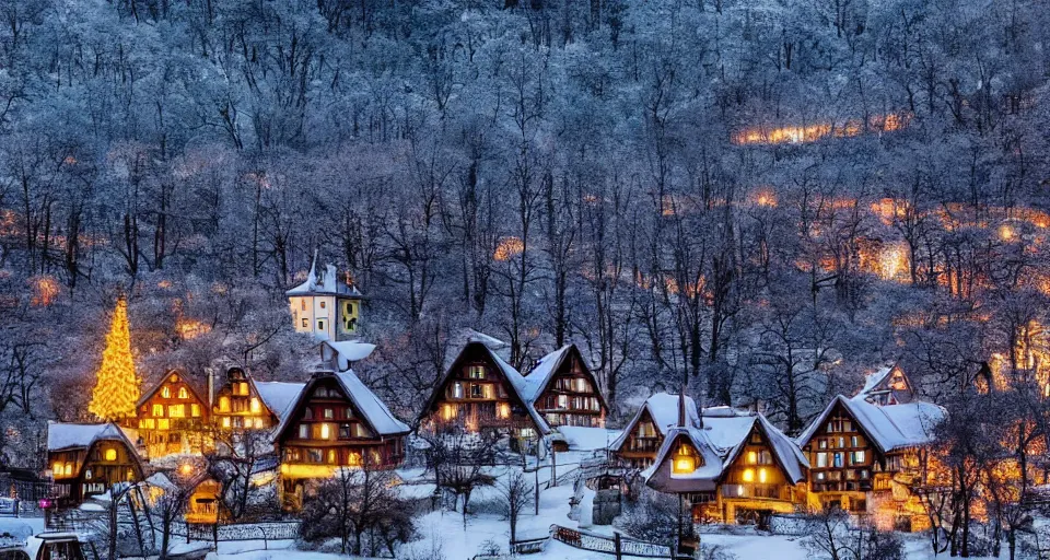 Image similar to an eerie abandoned village in the black forest at midnight illuminated by christmas lights