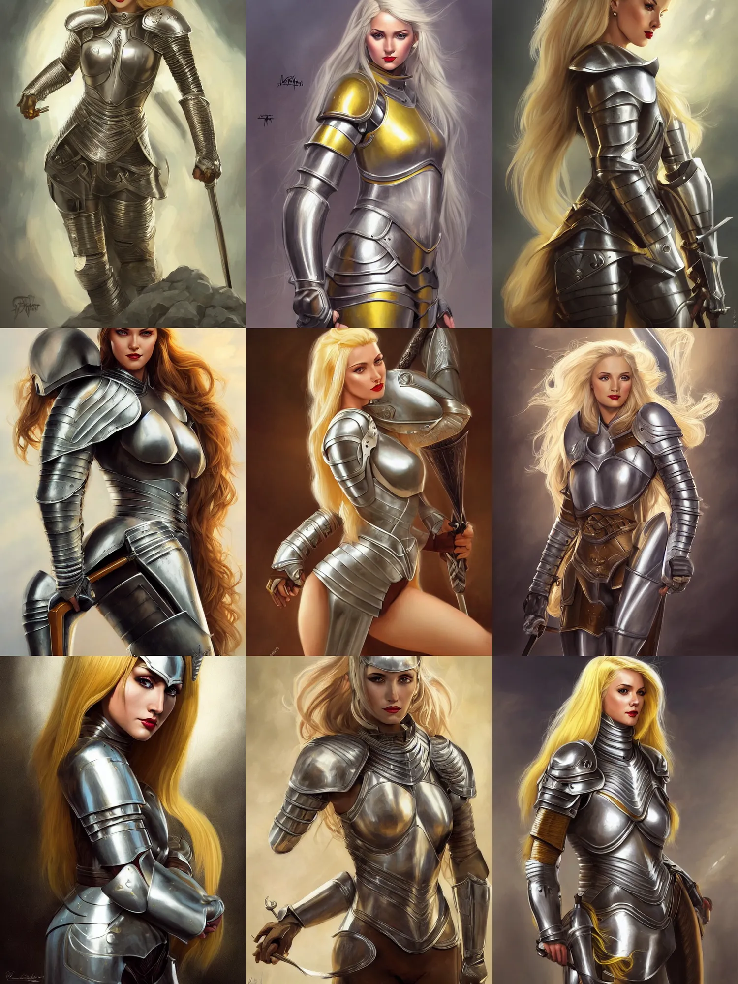 Prompt: pin - up portrait of a female knight, beautiful, skintight silver armor, long yellow hair, brown eyes, white skin, derriere pose, fantasy, highly detailed, realistic, illustration, artgerm, joshua middleton, greg rutkowski