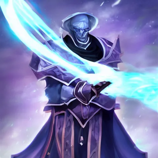 Prompt: Karthus from League of Legends holding a magical staff, laughing, anime art style