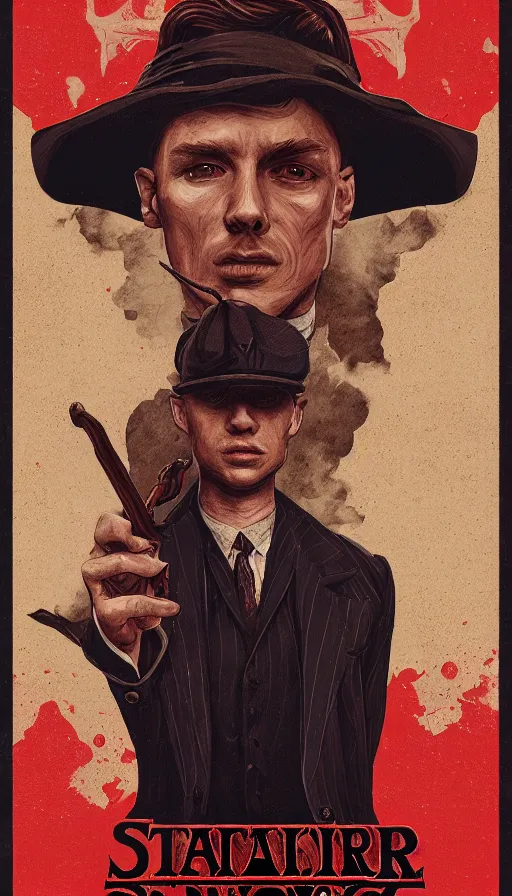 Image similar to peaky blinders tomas shelby in stranger things, demogorgon, movie poster, featuren on artstation, detailed, high resolution