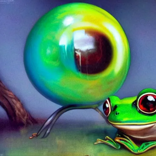 Image similar to long shot of a very cute frog playing with a rainbow glas balls, concept art, by esao andrews, by m. w. kaluta, volumetric light, surrealism, rich colors, very humorous!!! oil painting, realistic reflections, smooth, depth perception, high depth of field, 4 k, unreal engine 5, ultradetailed, hyperrealistic, artstation