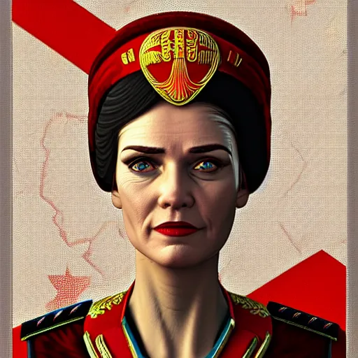 Image similar to a portrait of a female hero of the soviet union, upper half portrait, decorated with soviet motifs, intricate, elegant, highly detailed, symmetry, headpiece, disco elysium style