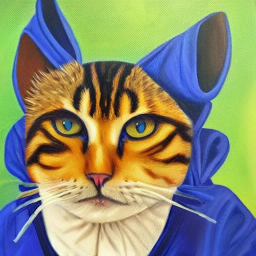 Image similar to oil painting portrait of a cat wizard wearing blue robes