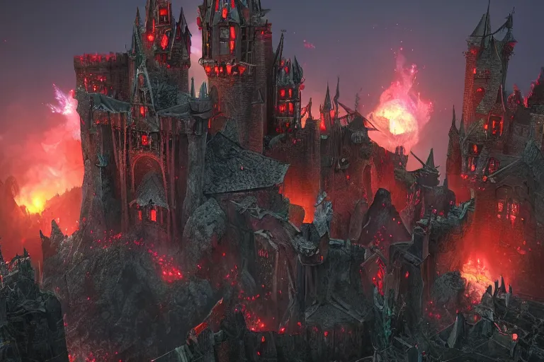 Image similar to big evil castle - city rock dark shadow elves, might and magic heroes 7, dark fantasy, shadows, artstation trending, unreal engine 5, red