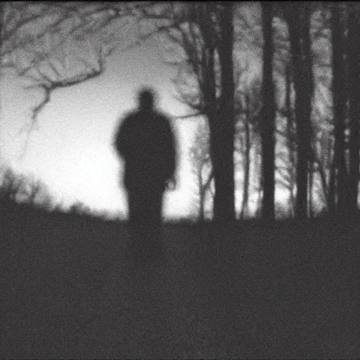 Prompt: Unknown Figure on Trailcam Footage, Dark, Realistic, Film Grain