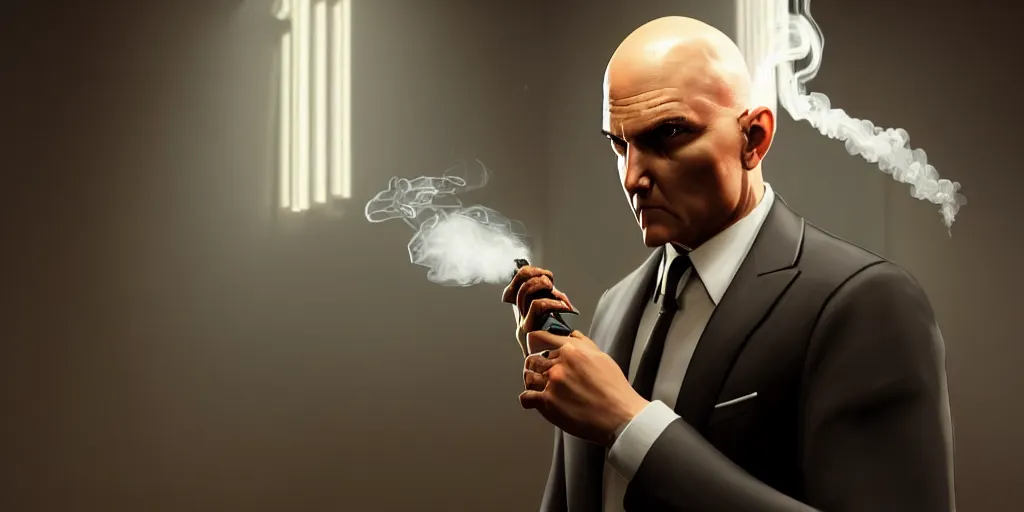 Prompt: concept art of Agent 47 smoking a spliff!! in the lobby of a hotel. epic wide angle shot, cinematic lighting photorealistic, 8k, award winning on Artstation, hyper detailed, hyper realistic.
