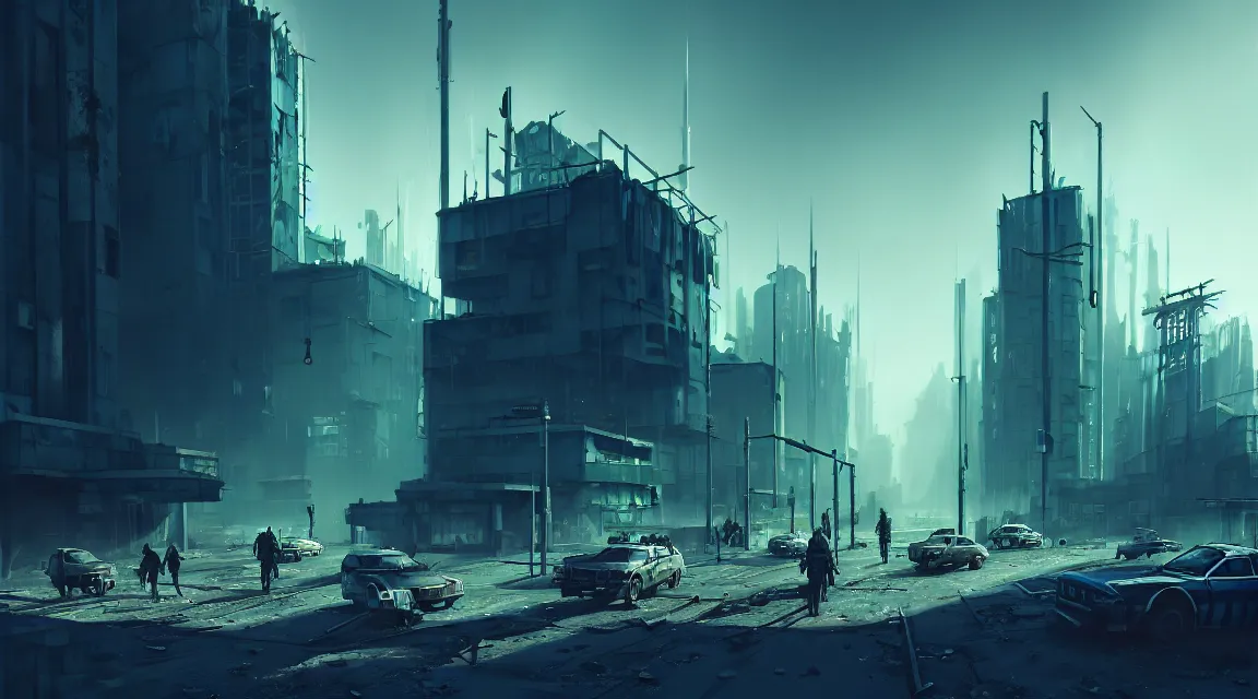 Image similar to a sharp game scene concept with a environment of a post - apocalyptic post apocalyptic police station a blue sky, building, avenue, urban architecture, apocalyptic architecture, paved roads, by nathan walsh trending on artstation, photorealistic, wild vegetation, human silhouettes, cyberpunk, environment artist, dystopian, science fiction