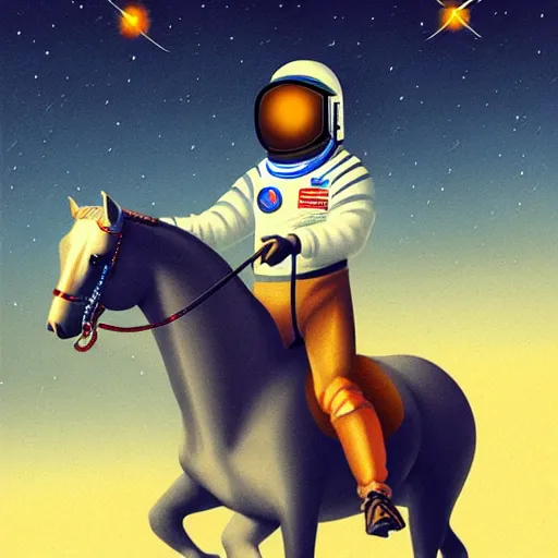 Image similar to a man with a horse nask on his head is riding on astronaut, fine details, concept art