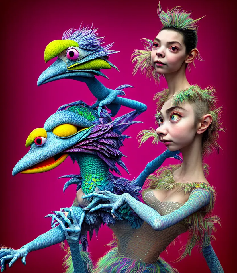 Image similar to hyper detailed 3d render like a Oil painting - kawaii portrait of hopeful lovers hugging tight or kissing pecking adorably Aurora (a beautiful girl skeksis muppet fae princess protective playful expressive acrobatic from dark crystal that looks like Anya Taylor-Joy) seen red carpet photoshoot in UVIVF posing in scaly dress to Eat of the Strangling network of yellowcake aerochrome and milky Fruit and His delicate Hands hold of gossamer polyp blossoms bring iridescent fungal flowers whose spores black the foolish stars by Jacek Yerka, Ilya Kuvshinov, Mariusz Lewandowski, Houdini algorithmic generative render, golen ratio, Abstract brush strokes, Masterpiece, Edward Hopper and James Gilleard, Zdzislaw Beksinski, Mark Ryden, Wolfgang Lettl, hints of Yayoi Kasuma and Dr. Seuss, Grant Wood, octane render, 8k