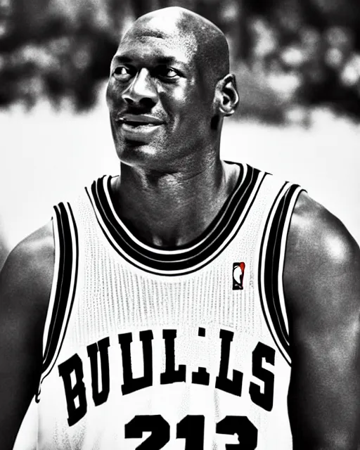 Prompt: photograph of michael jordan ( in a chicago bulls uniform ) at a national park, in the style of ansel!!! adams!!!!. monochrome hdr, accurate facial details