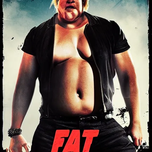 Prompt: action movie poster for fat obese brad pitt,