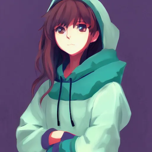 Image similar to portrait of a cute anime girl with an oversized hoodie. in the style of digital art, artstation trending, rossdraws, breath of the wild, Makoto Shinkai, ghibli