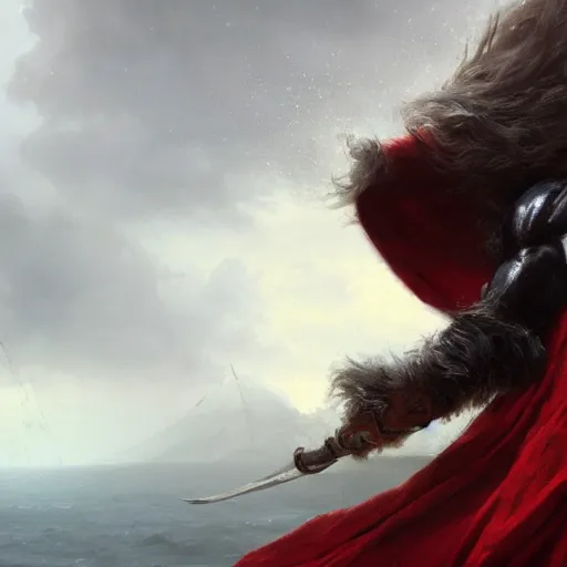 Prompt: cinematic shot epic portrait an spartan man with beautiful beard and wet skin, armor, red cape, ocean backround, cloudy, broad light, ambient occlusion, volumetric light effect, made by ivan aivazovsky, peter mohrbacher, greg rutkowski, matte painting, trending on artstation, 4 k, perfectly defined features, digital painting,