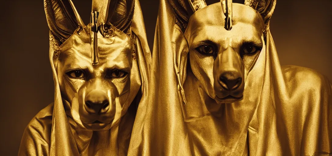 Prompt: displeased Anubis wearing a gilded robe, in the style of Lee Jeffries 8k