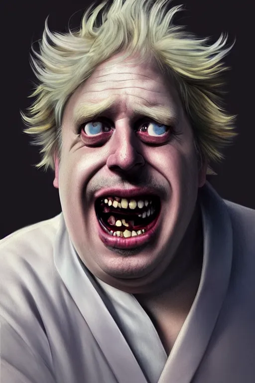 Prompt: Boris Johnson as smiling Rick Sanchez from Rick and Morty, unibrow, white robe, big eyes, realistic portrait, symmetrical, highly detailed, digital painting, artstation, concept art, smooth, sharp focus, illustration, cinematic lighting, art by artgerm and greg rutkowski and alphonse mucha