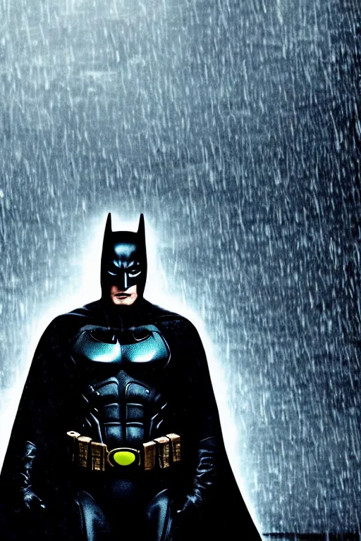 Image similar to cinematic of liam neeson batman, dramatic rain, 8 k, moody lighting