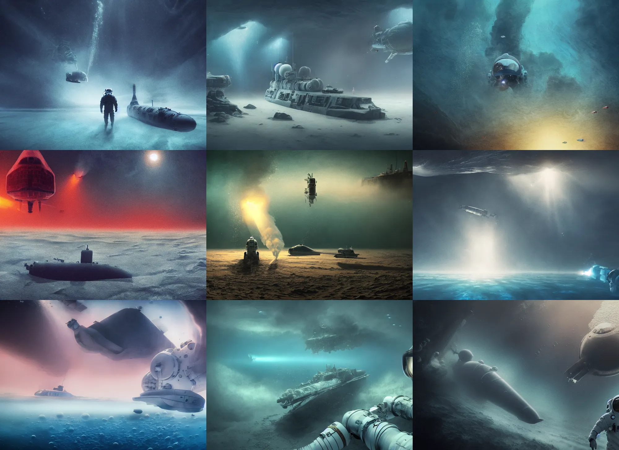 Prompt: astronaut underwater desert scene with air bubbles, smoke monster grabbing the astronaut, attacked submarine in background. dark, concept art, cinematic, dramatic, atmospheric, peacefull, 8 k, blue, fish, low visibility, fog, ocean floor, by denis villeneuve