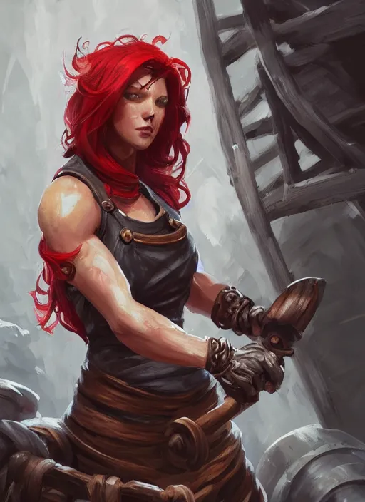 Image similar to a highly detailed illustration of fierce red haired blacksmith woman wearing blacksmith apron, muscular, dramatic pose, intricate, elegant, highly detailed, centered, digital painting, artstation, concept art, smooth, sharp focus, league of legends concept art, wlop.