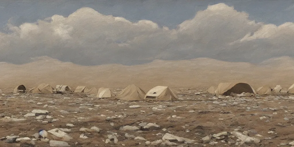 Prompt: “ group of beige canvas tents in a desolate arctic landscape, barren, no trees or grass, gravel and scree ground, slight rolling hills, romanticist oil painting ”