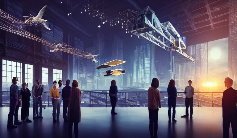 Prompt: group of people in simple warehouse, surrounding and looking at hologram of futuristic city on a table, cinematic concept art, godrays, golden hour, natural sunlight, 4 k, clear details, tabletop model buildings, center model buildings, hologram center, crane shot, crane shot, crane shot