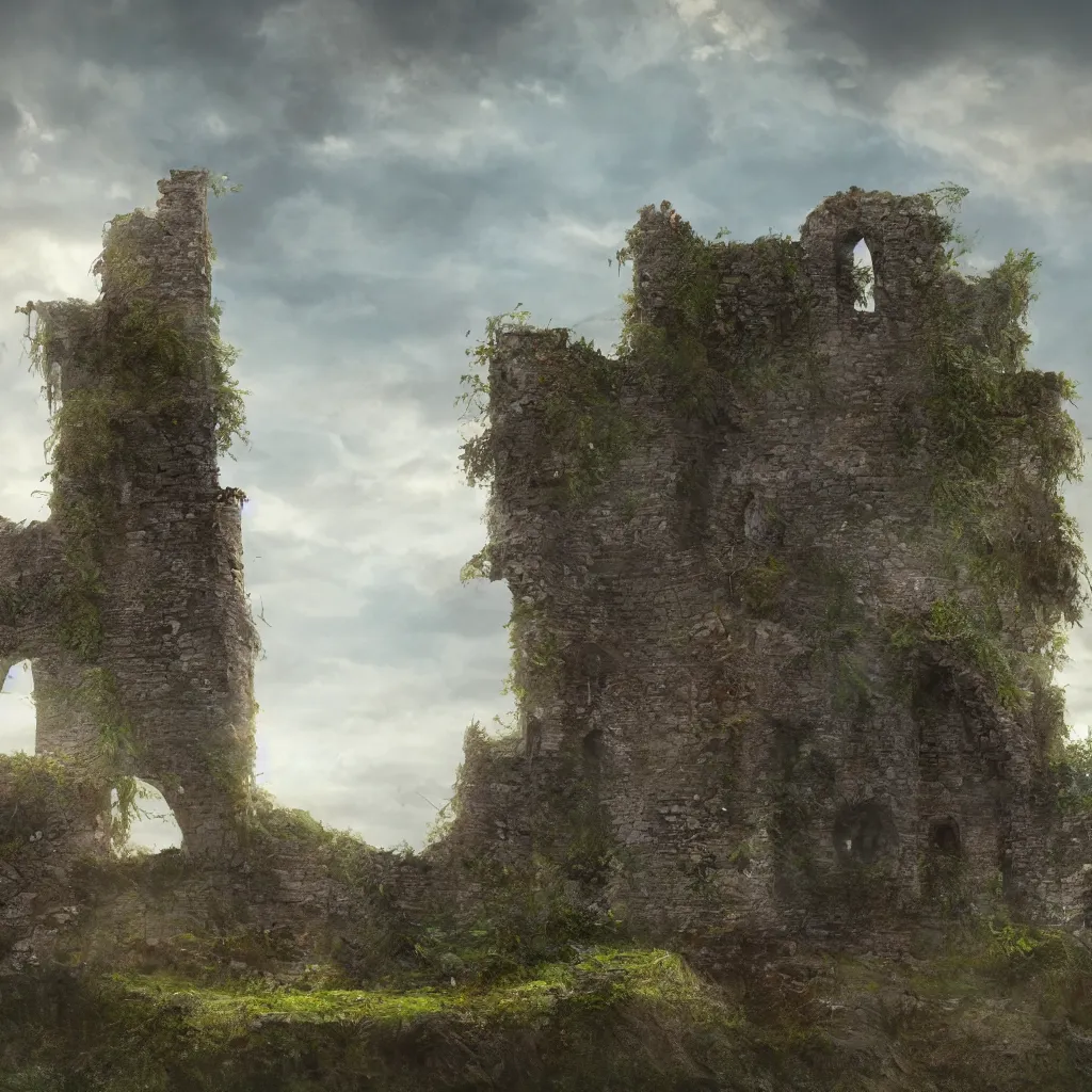 Image similar to looking up at a ruined castle on a small island only reachable by a small land bridge, 8 k, ultra realistic cinematic, intricate, cinematic light, concept art, illustration, art station